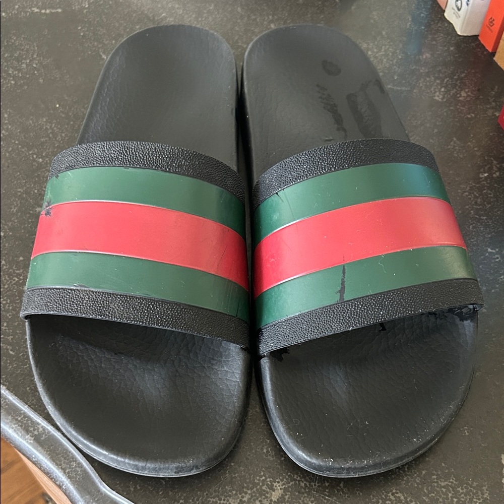 Gucci Black Sandals with Red and Green Bands